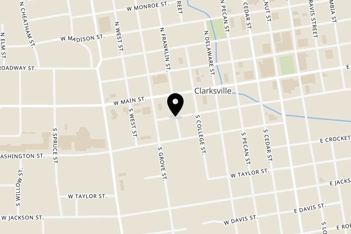 Map showing the location of The Clarksville Crust on 201 W Church St in Clarksville